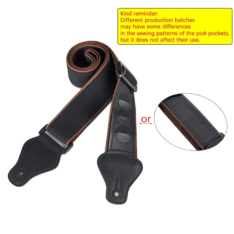 7Pcs/Set Guitar Strap Black PU Leather + Cotton for Ukulele Bass