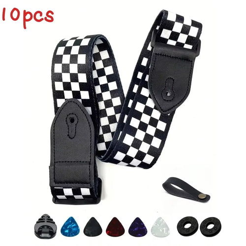 7Pcs/Set Guitar Strap Black PU Leather + Cotton for Ukulele Bass