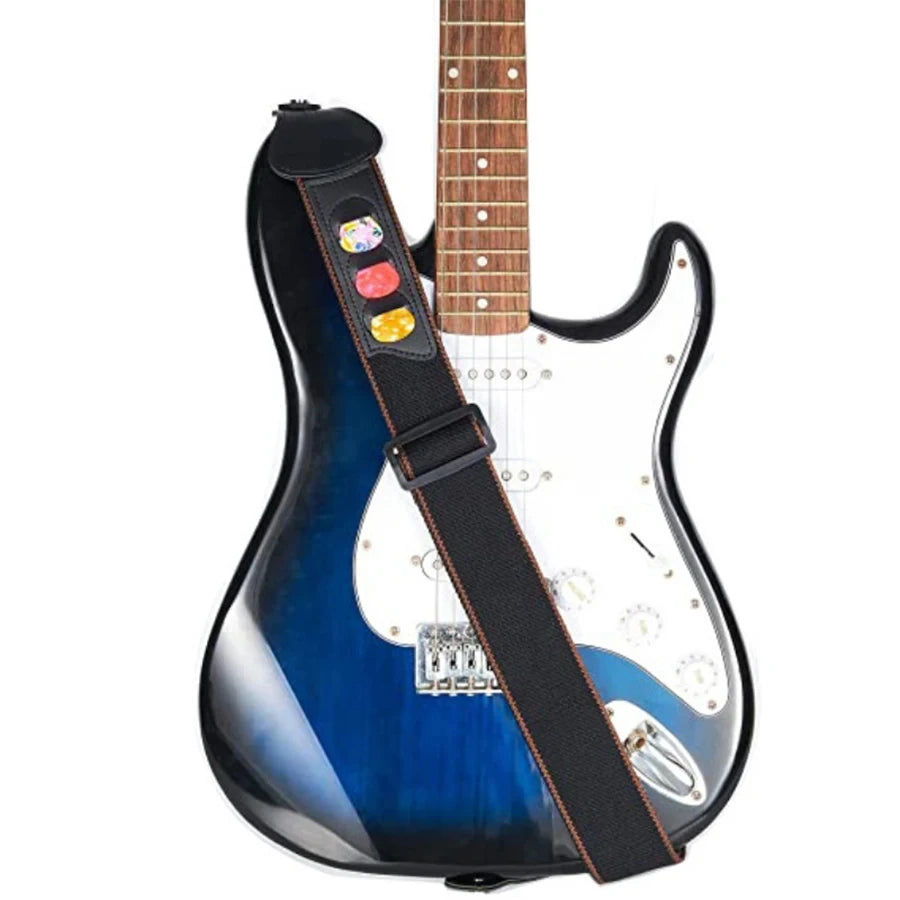 7Pcs/Set Guitar Strap Black PU Leather + Cotton for Ukulele Bass