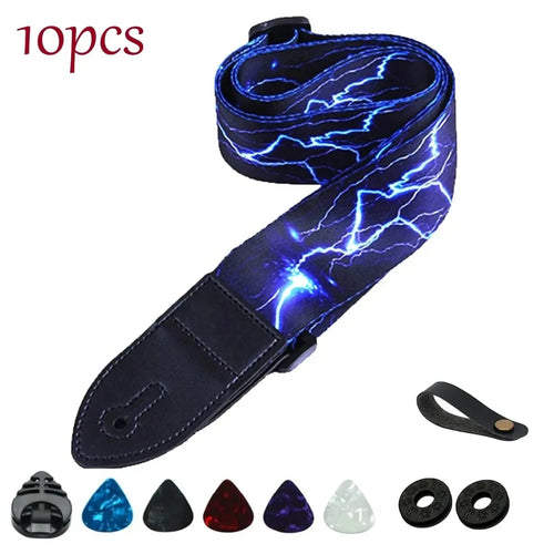7Pcs/Set Guitar Strap Black PU Leather + Cotton for Ukulele Bass