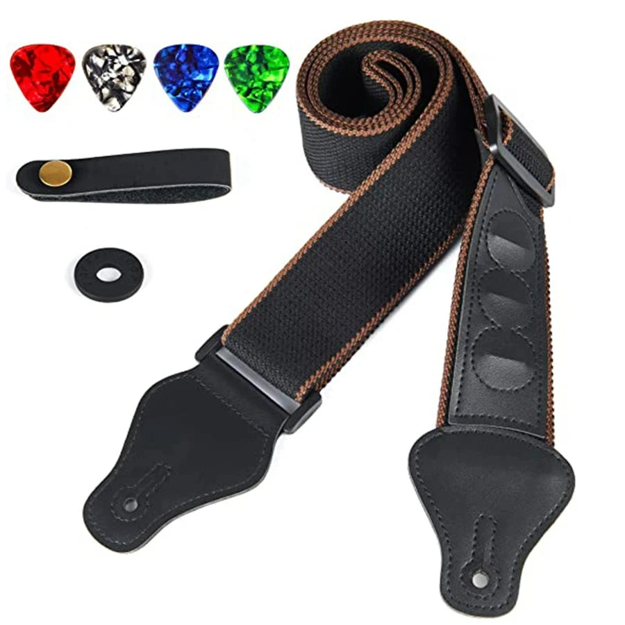 7Pcs/Set Guitar Strap Black PU Leather + Cotton for Ukulele Bass